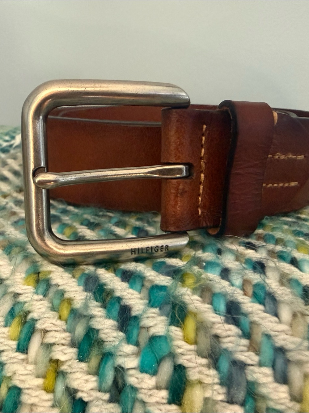 Tommy Hilfiger Brown Leather Men's Belt with Silver Buckle